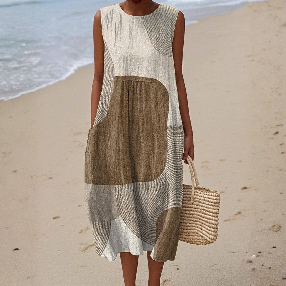 Abstract Print Crew Neck Sleeveless Pocket Midi Dress 2