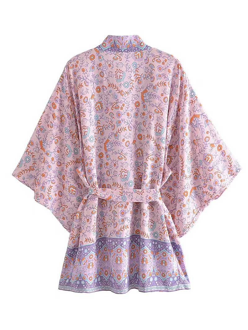 Short Floral Print Brown, Purple Orange Color Cotton Short Length Gown Kimono Duster Robe - Fashionpara