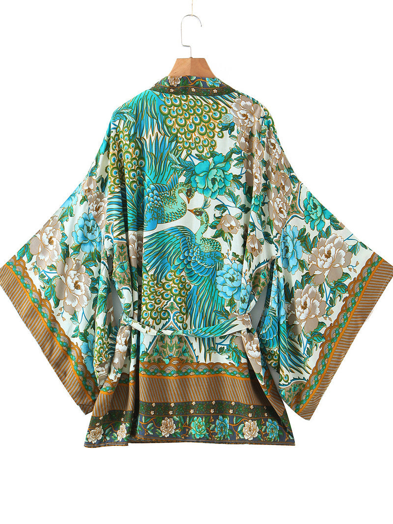 Kimono Floral Birds Print Green Color Cotton Short Length Gown Kimono 2