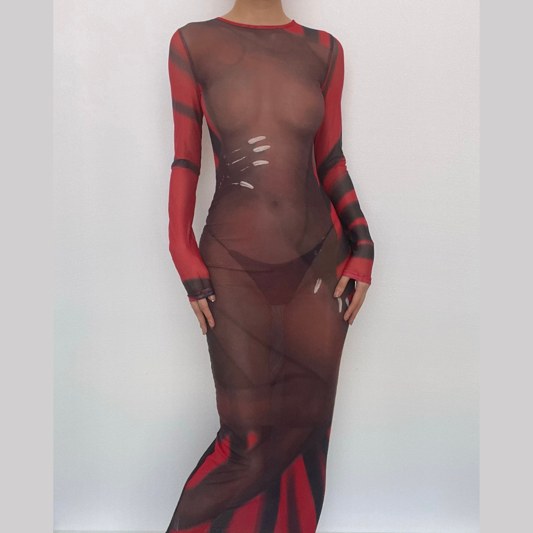 Long sleeve contrast sheer mesh see through midi dress - View 2