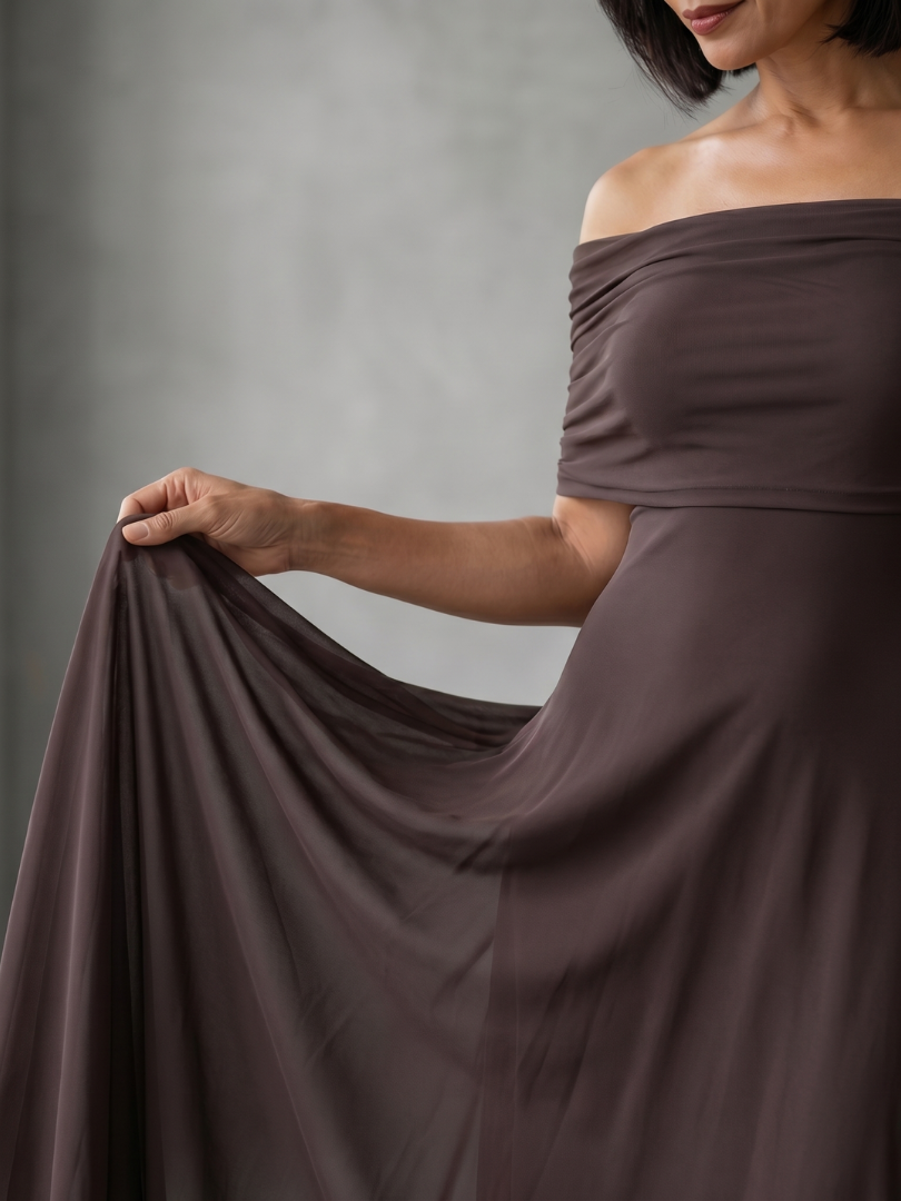 Off Shoulder Ruched Foldover A-Line Maxi Dress 3
