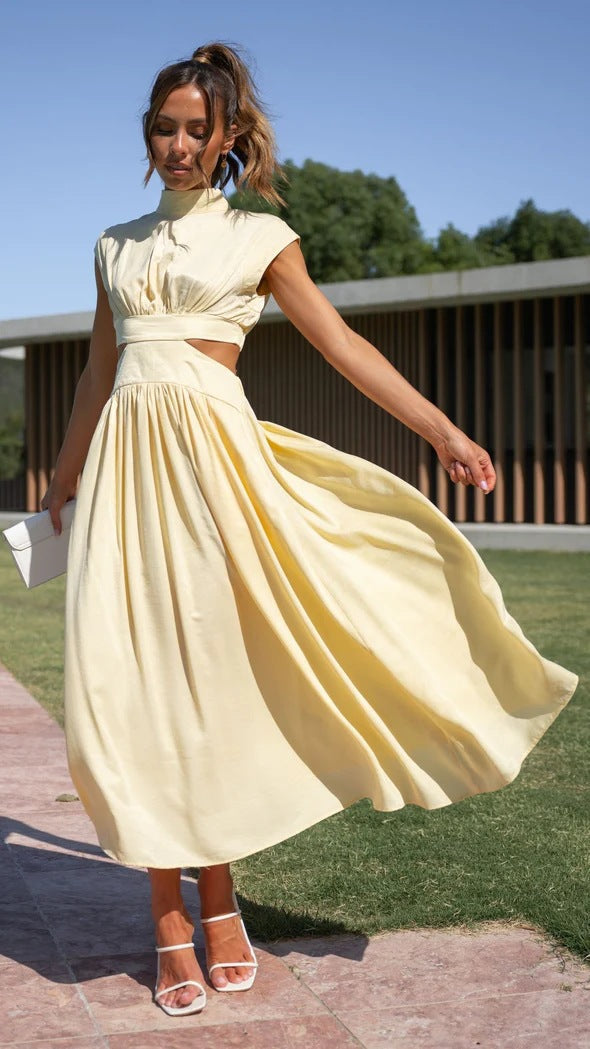 Mock Neck Cap Sleeve Waist Cut-Out A-Line Midi Dress 2