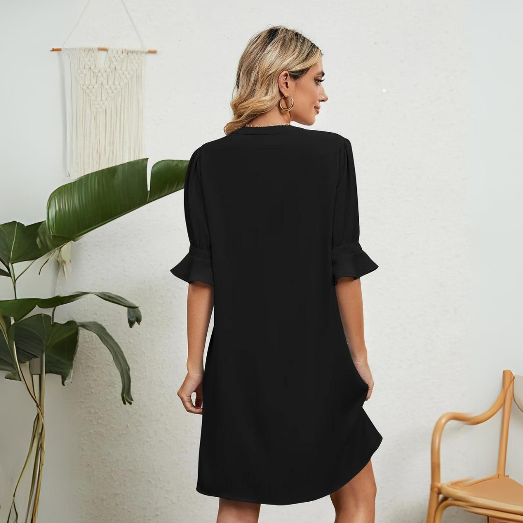 V-Neck Ruffle Cuff Elbow Sleeve Shift Mini Dress - View 7