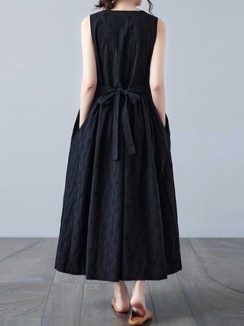 Textured Jacquard V-Neck Sleeveless Pleated A-Line Midi Dress 8