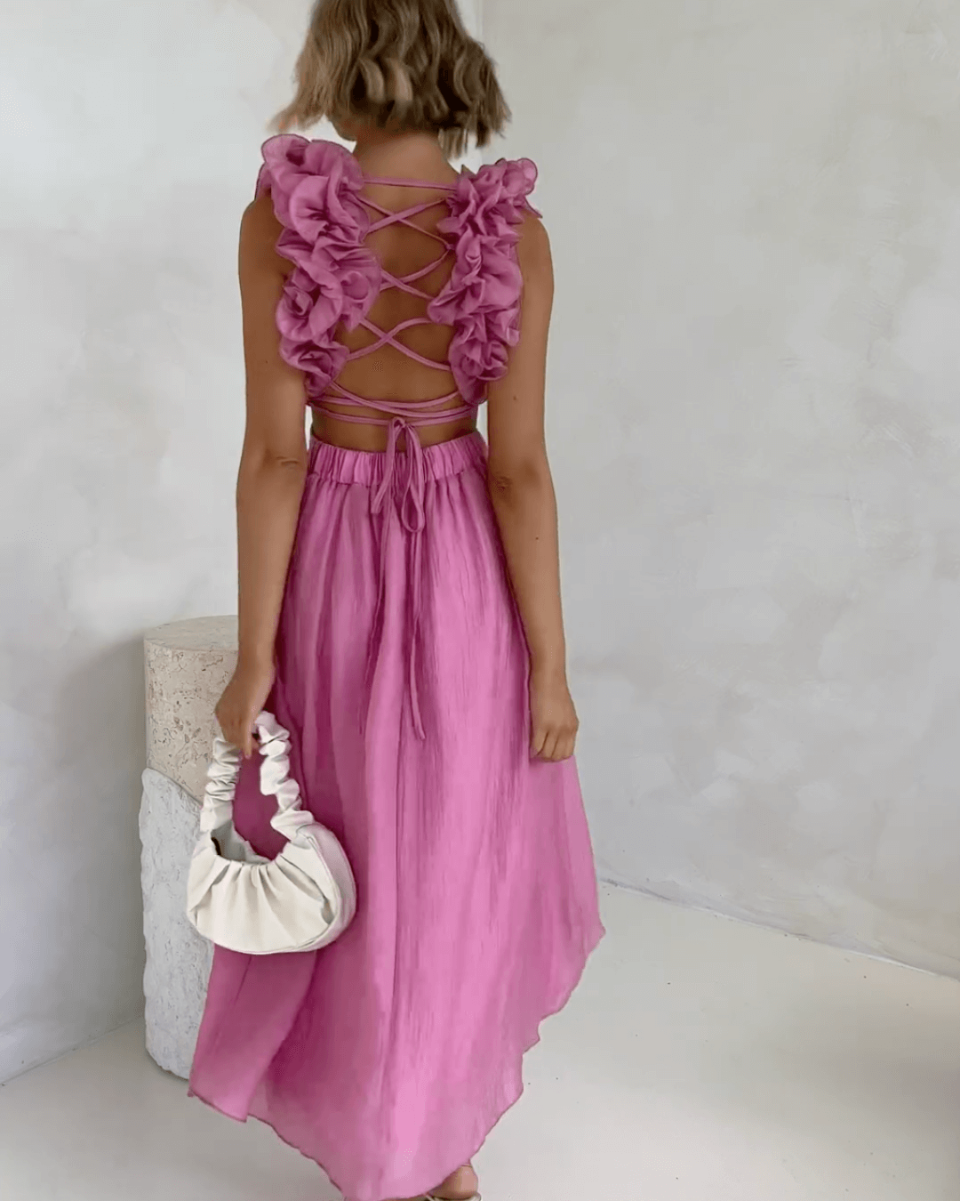 Floral Ruffle Detail Back Lace-Up Elastic Waist Maxi Dress - Fashionpara
