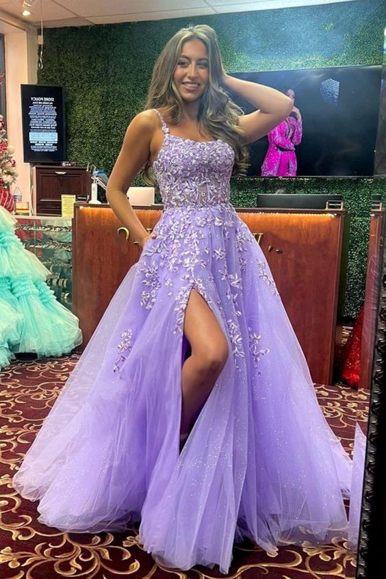 Shiny Purple Lace Long Prom Dress with High Slit, Purple Lace Formal Dress, Purple Evening Dress - Fashionpara