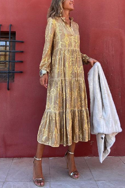 V Neck Unique Printed Ruffle Tiered Midi Dress - Fashionpara