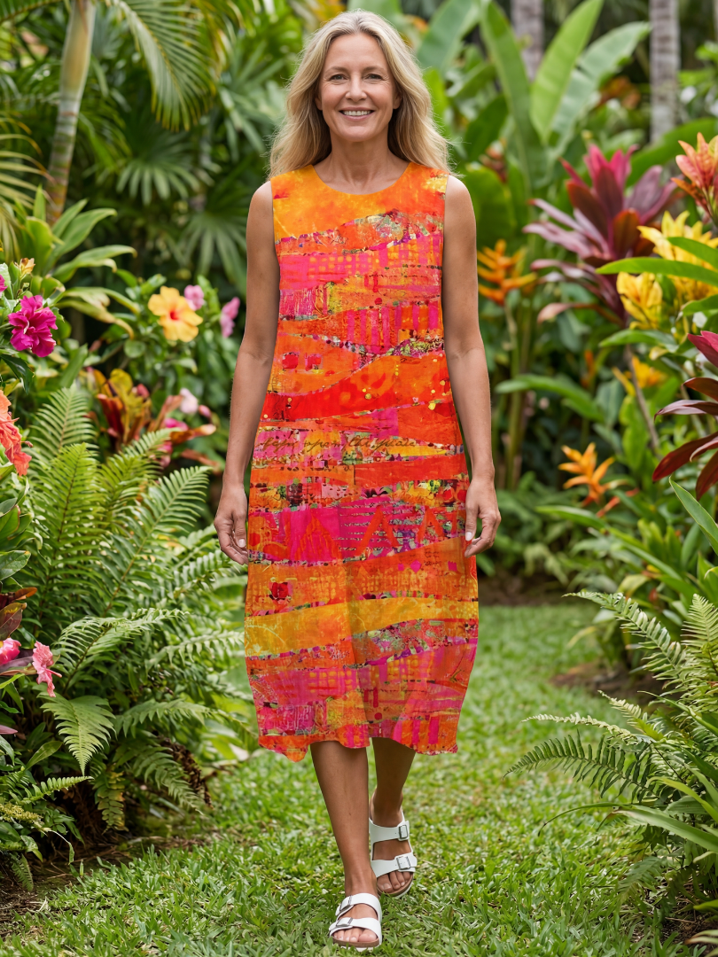 Abstract Print Round Neck Sleeveless Shift Midi Dress 2