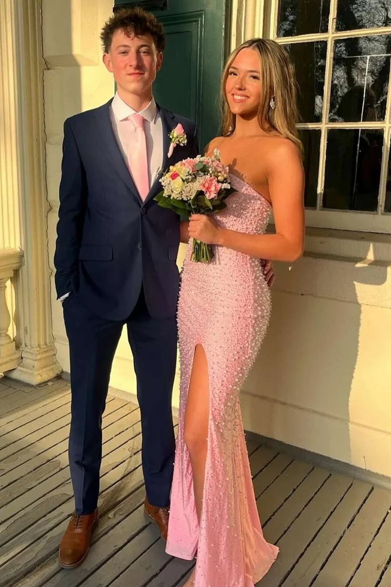 Pink Strapless Beaded Scoop Side Slit Mermaid Long Prom Dress - Fashionpara
