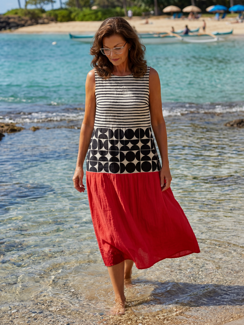 Striped Geometric Print Sleeveless Tiered Midi Dress
