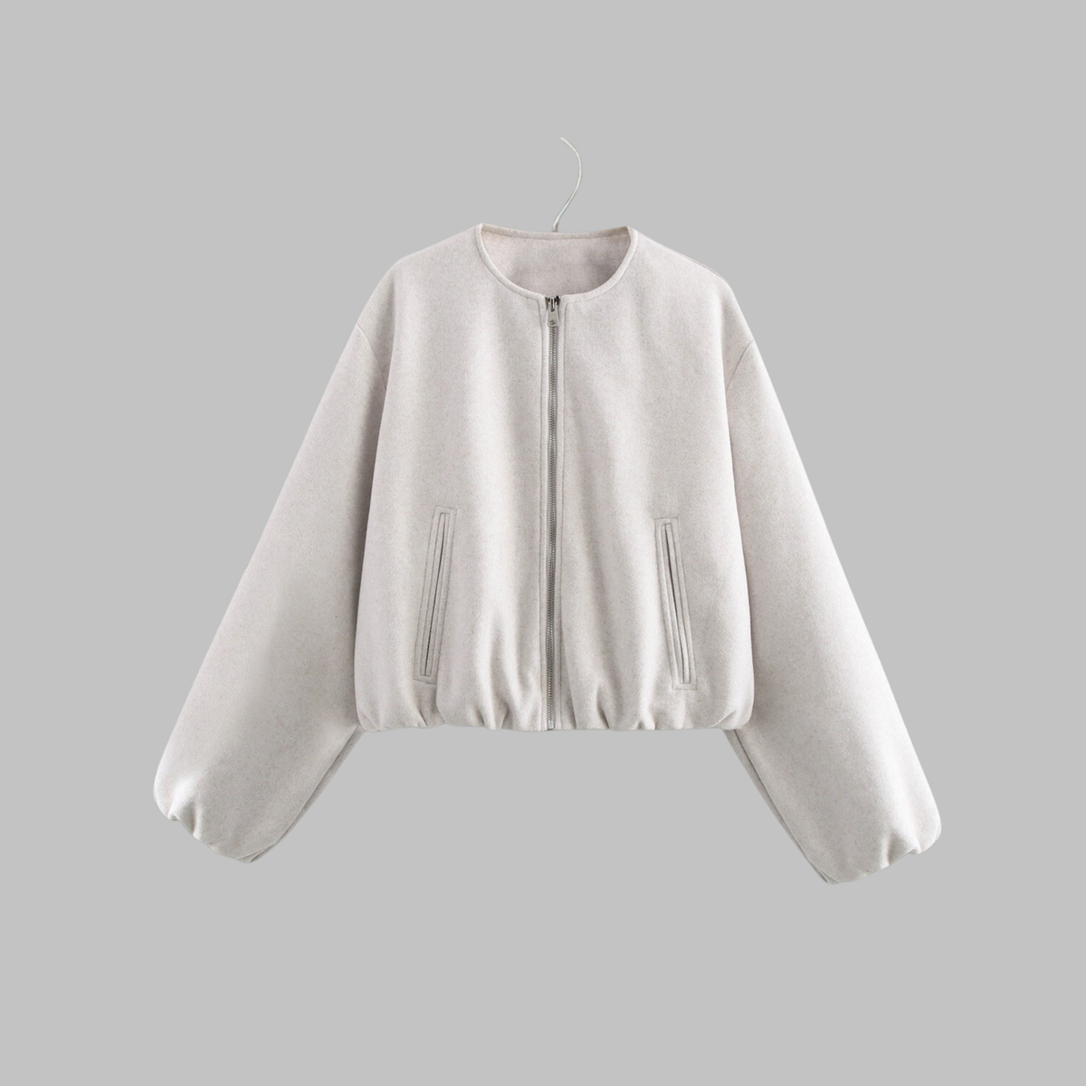 Zip Front Balloon Sleeve Cropped Wool Look Bomber Jacket 2