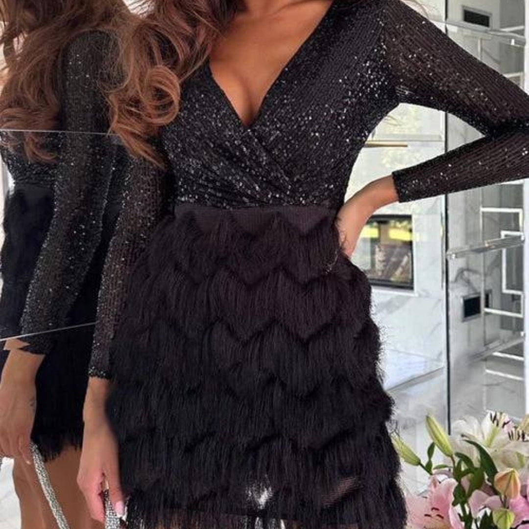 Sequin Deep V-Neck Wrap Long Sleeve Textured Skirt Mini Dress - View 11