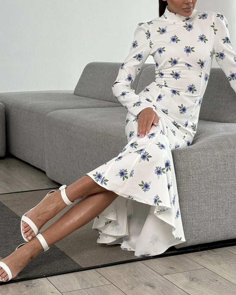 Elegant Half-Collar Floral Print Dress - Fashionpara