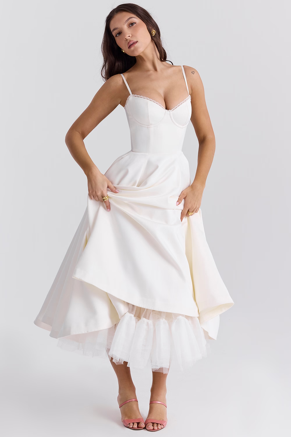 Spaghetti Strap Sweetheart Lace Trim Corset A-Line Midi Dress - View 8