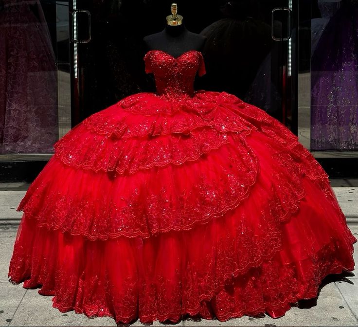 Luxury Red Quinceanera Dress with Crystal Beading Lace Appliques Sweet 16 15 Ball Gown - Fashionpara