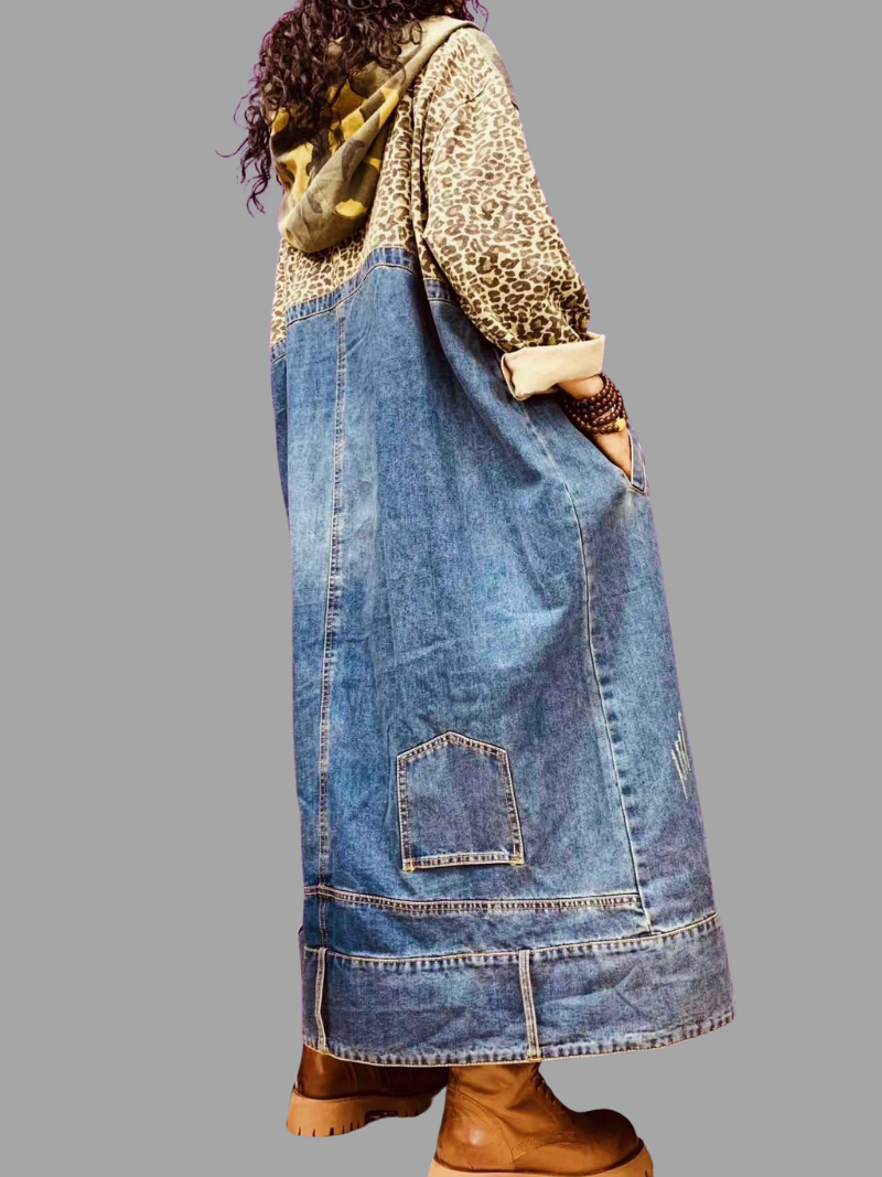 Camo Leopard Patchwork Hooded Denim Maxi Dress 2