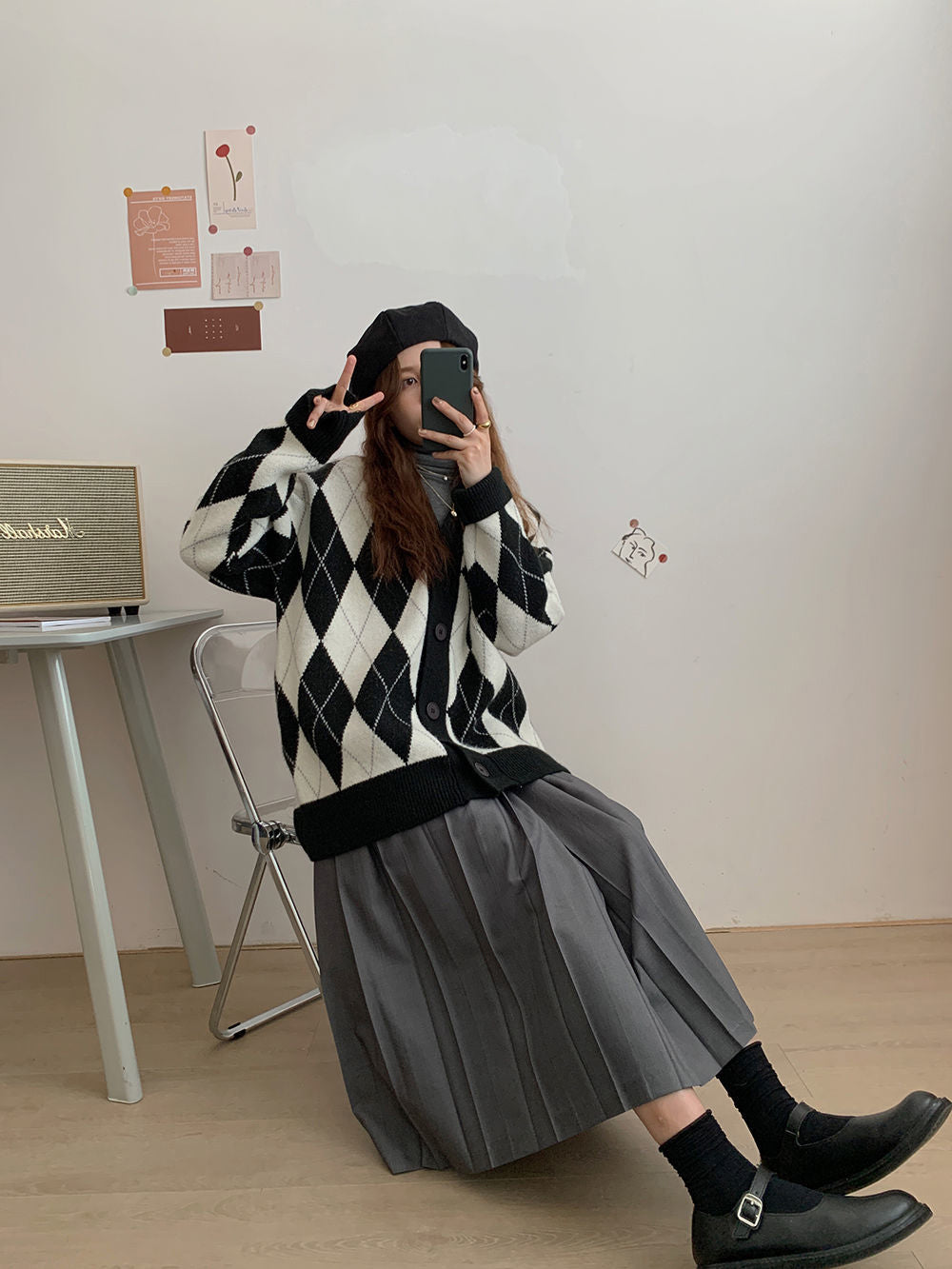 KittenAlarm - Loose Argyle Pattern V-Neck Cardigan Sweater