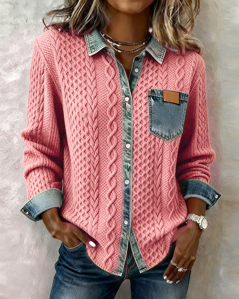 Collared Button Front Cable Knit Denim Contrast Shirt 8