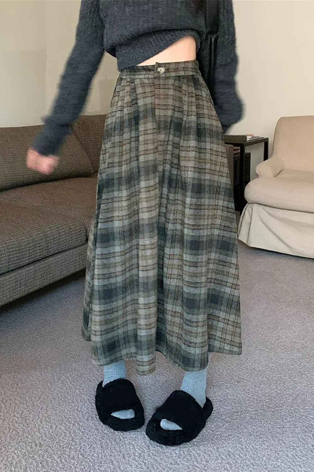 High Waist Thick A-Line Plaid Pleated Skirts - Fashionpara