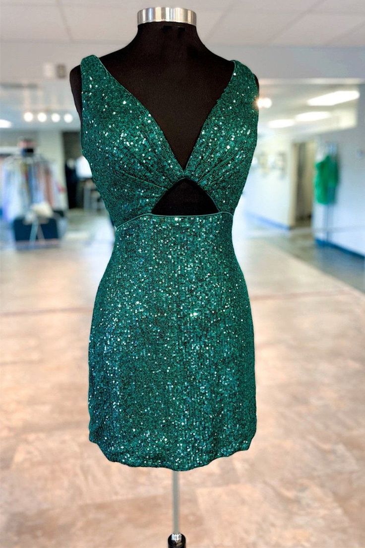 V-Neck Sequin Cutout Short Homecoming Dress - Fashionpara