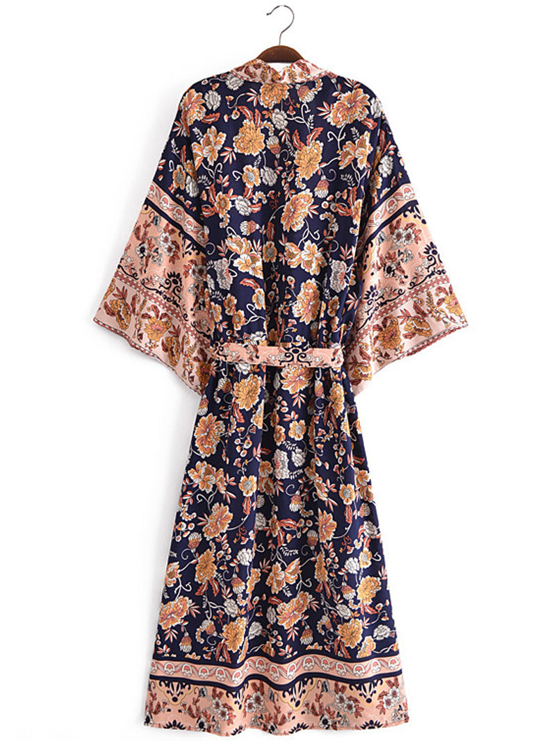 Beachwear Floral Print Black Color Cotton Long Length Gown Kimono Duster Robe 2