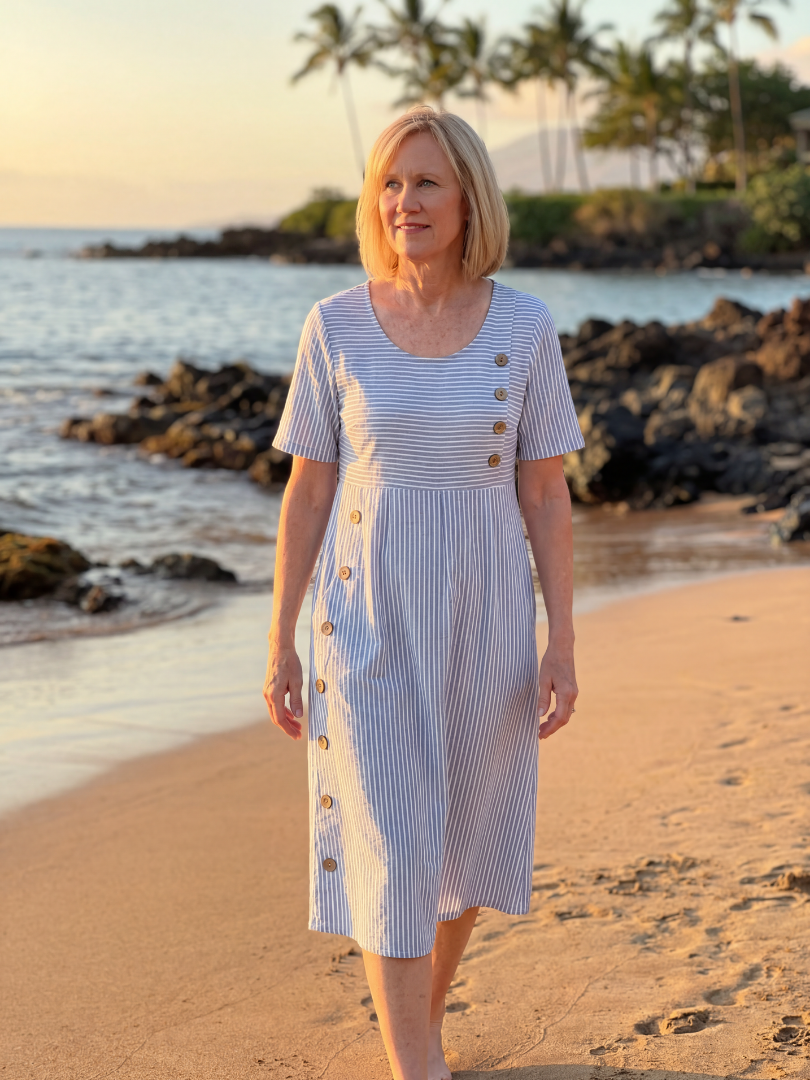 Striped Button Front Short Sleeve Midi Dress 2