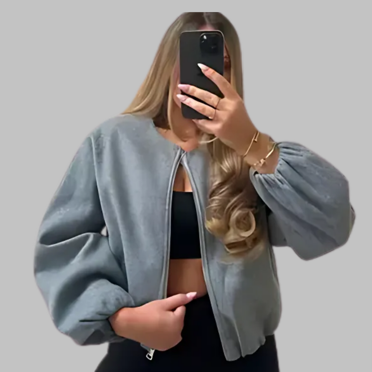 Zip Front Balloon Sleeve Collarless Cropped Bomber Jacket 6