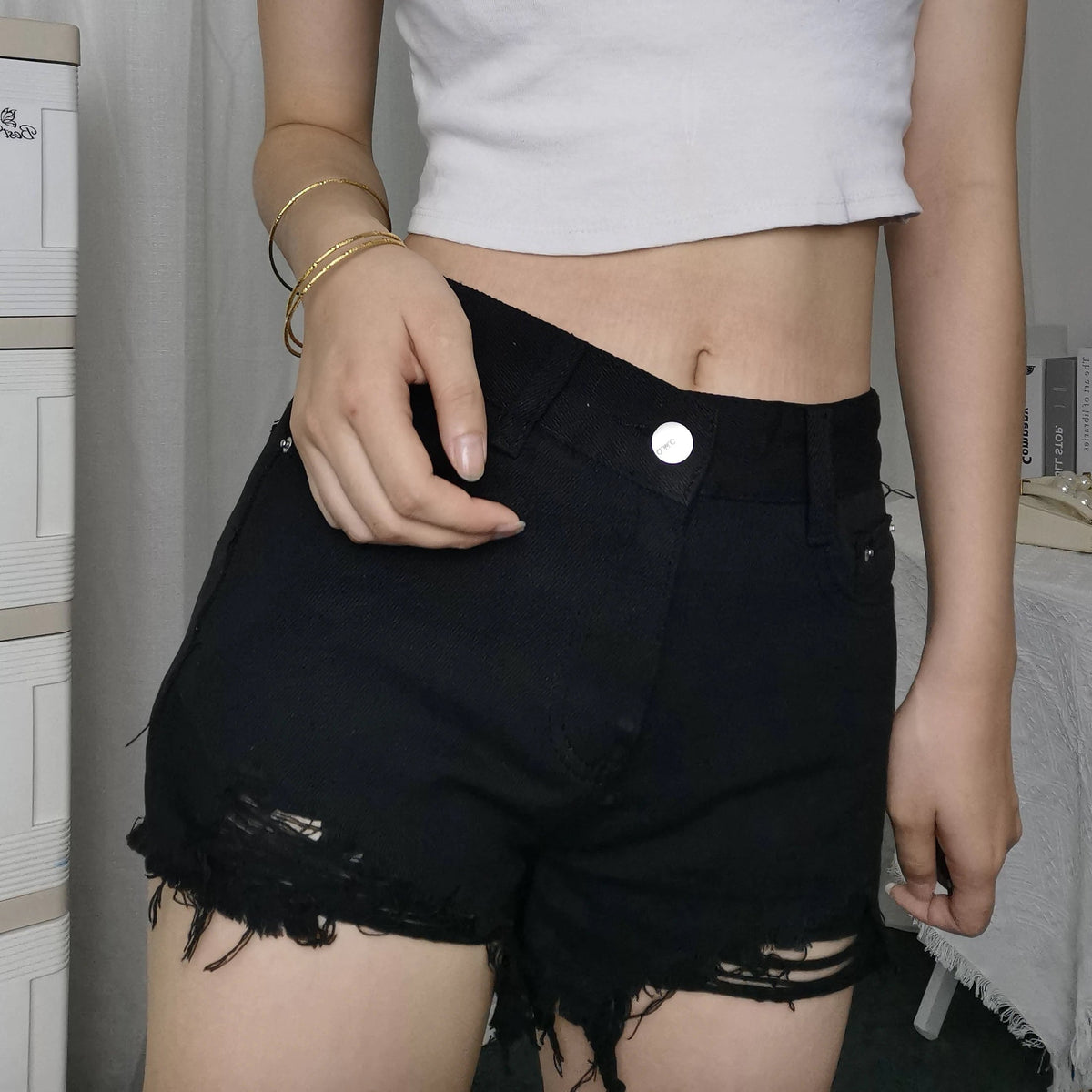 KittenAlarm - High Waist Ripped Black Shorts Jeans