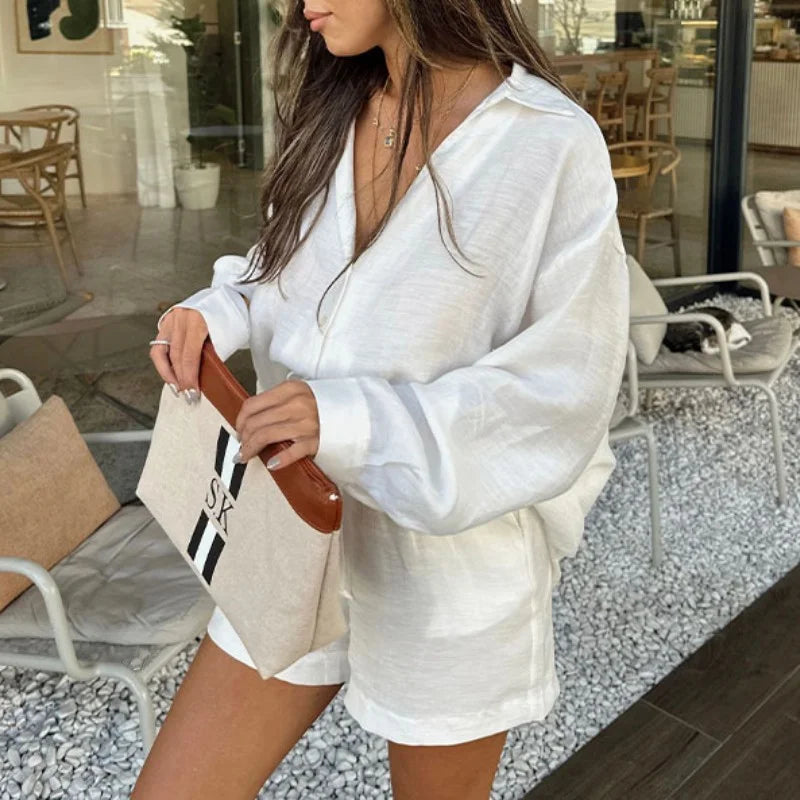 Simple Vacation Style White Two -piece Suit - Fashionpara