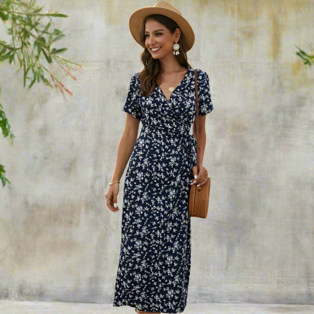 Floral V-Neck Short Sleeve Wrap Midi Dress 2
