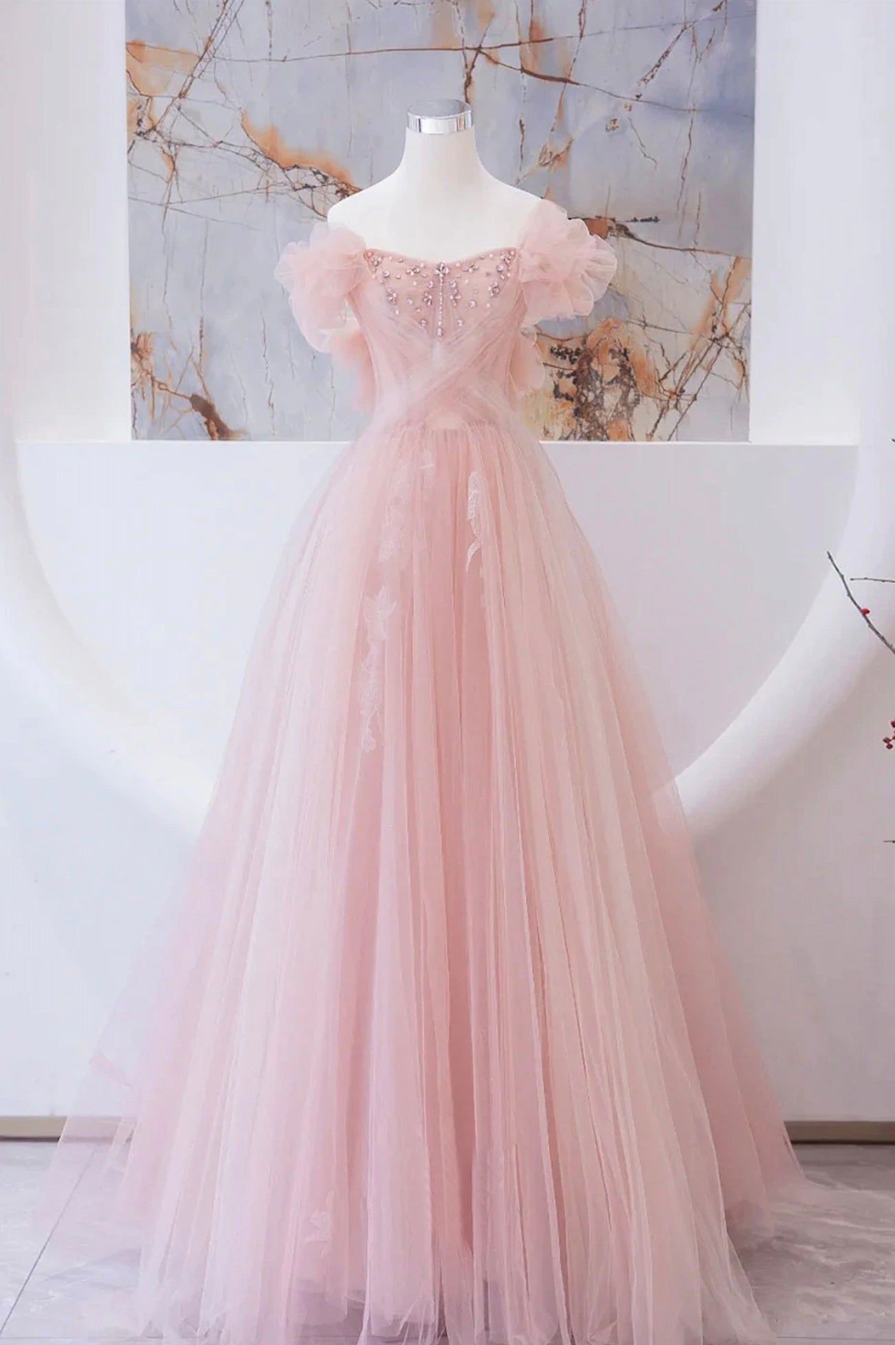 Tulle Beaded Long Prom Dress, A-Line Evening Party Dress - Fashionpara