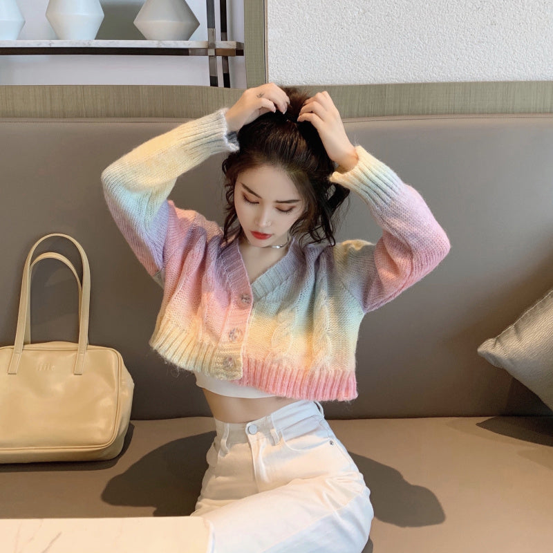 KittenAlarm - Cropped Rainbow Colors Knitted Cardigan Sweater