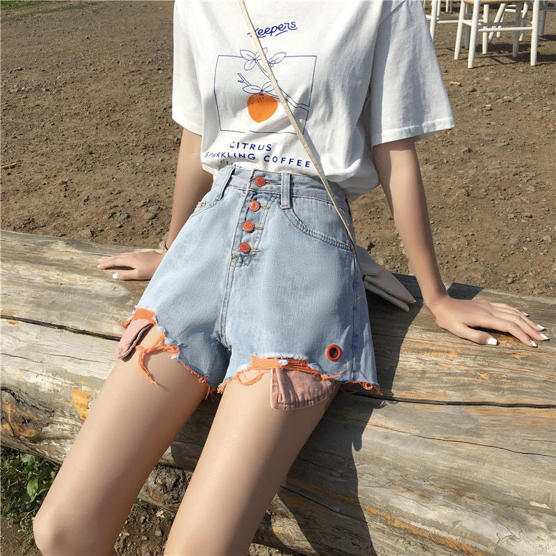 KittenAlarm - High Waist Contrast Colorful Denim Shorts Jeans