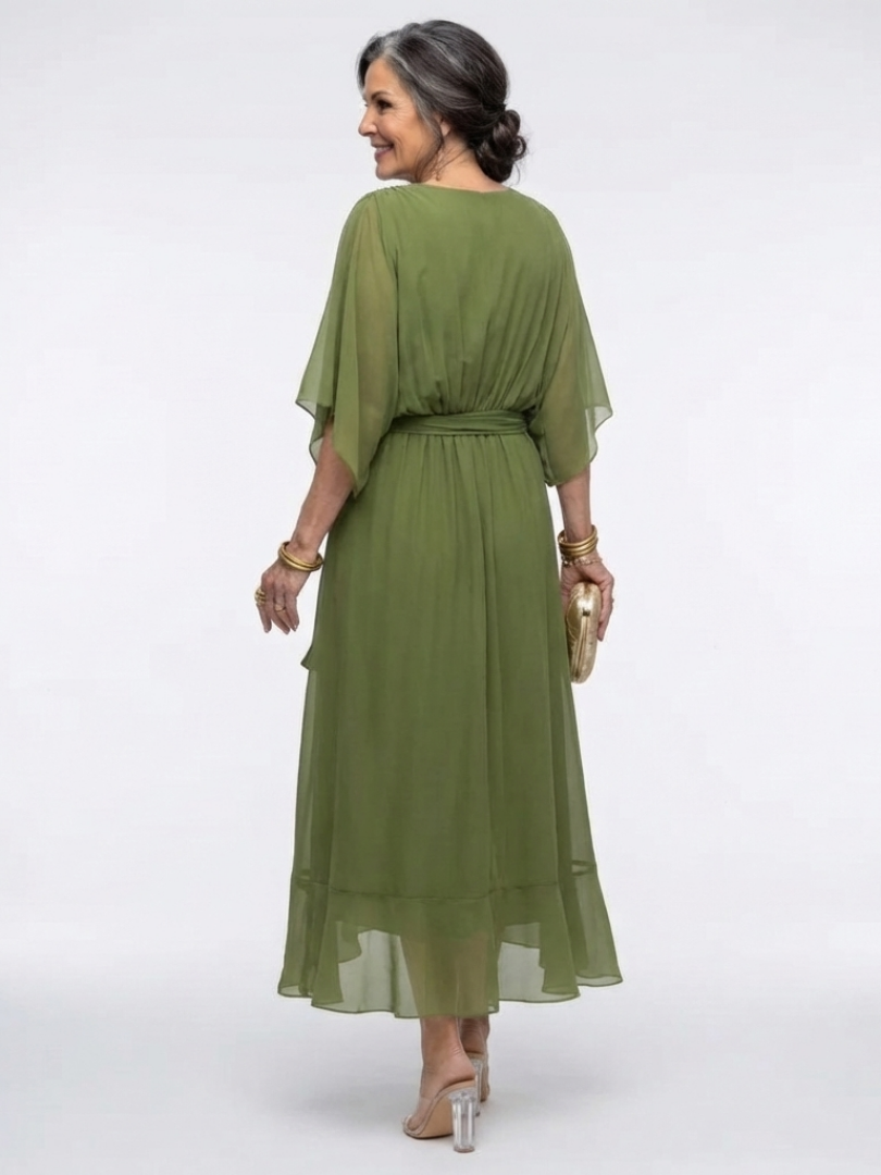 V-Neck Kimono Sleeve Waist Tie Ruffle Hem Midi Dress 5