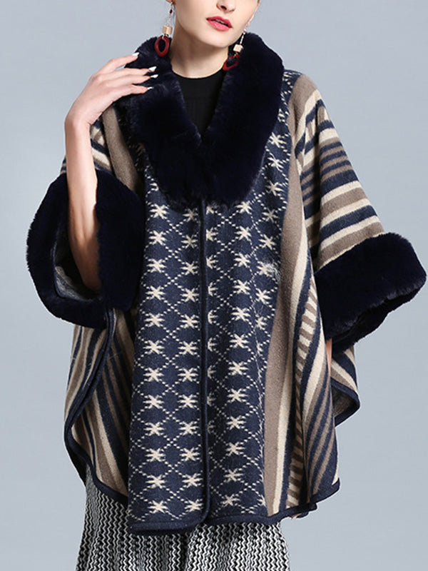 Stripe Bordeus Fluffy Neck Plus Size Cape Cardigan 2