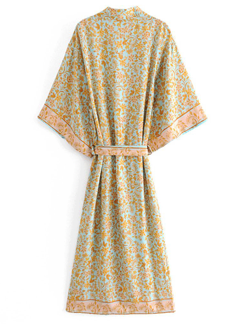 Partywear & Beachwear Floral Print Yellow Color Cotton Long Length Gown Kimono Duster Robe