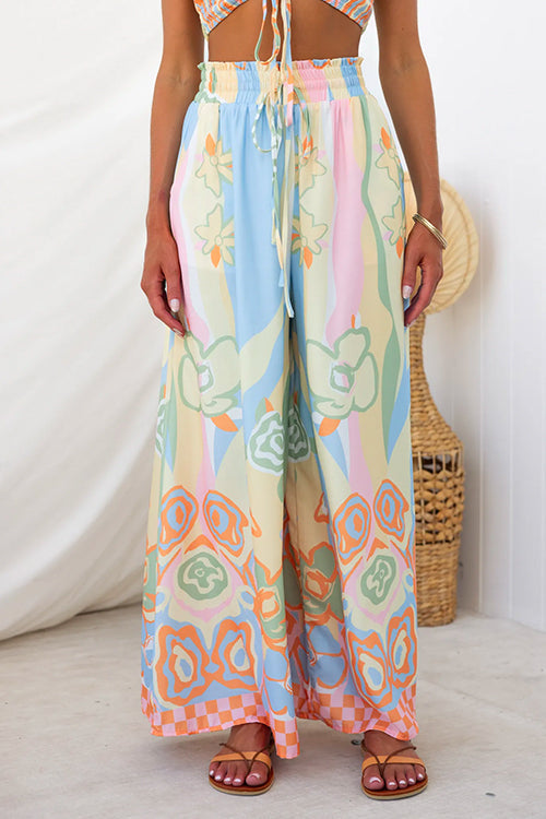 Drawstring Elastic Waist Printed Wide Leg Palazzo Pants - Fashionpara