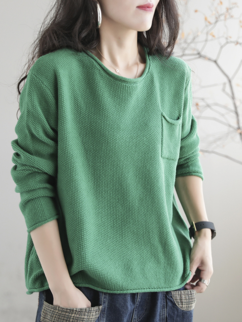 Knitted Small Pocket Solid Color Casual Loose Retro Sweater Top 2