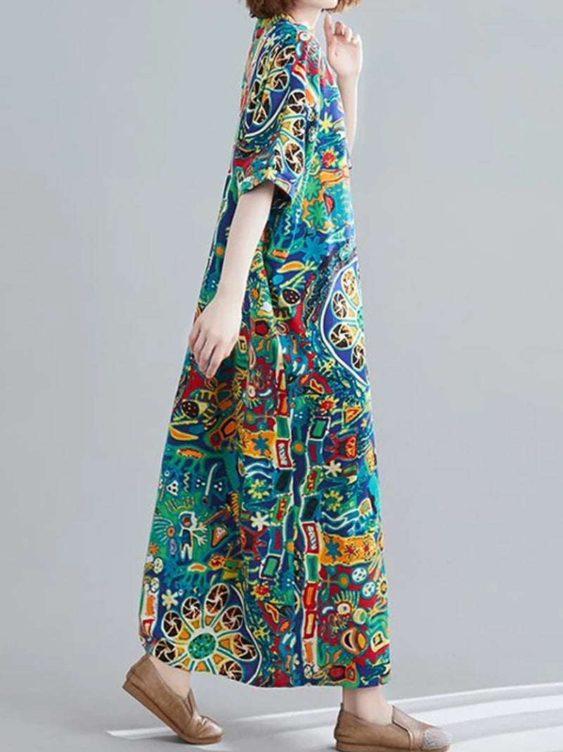 Printed V-Neck Short-Sleeve Kaftan Maxi Dress 2