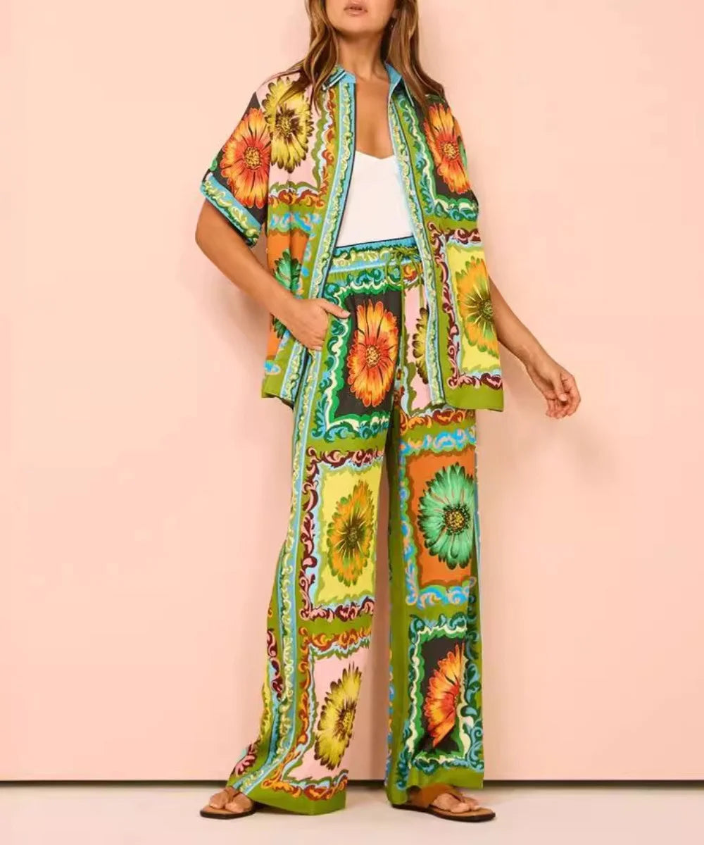 Contrast Flowers Casual Trousers Two -piece Suit - Fashionpara