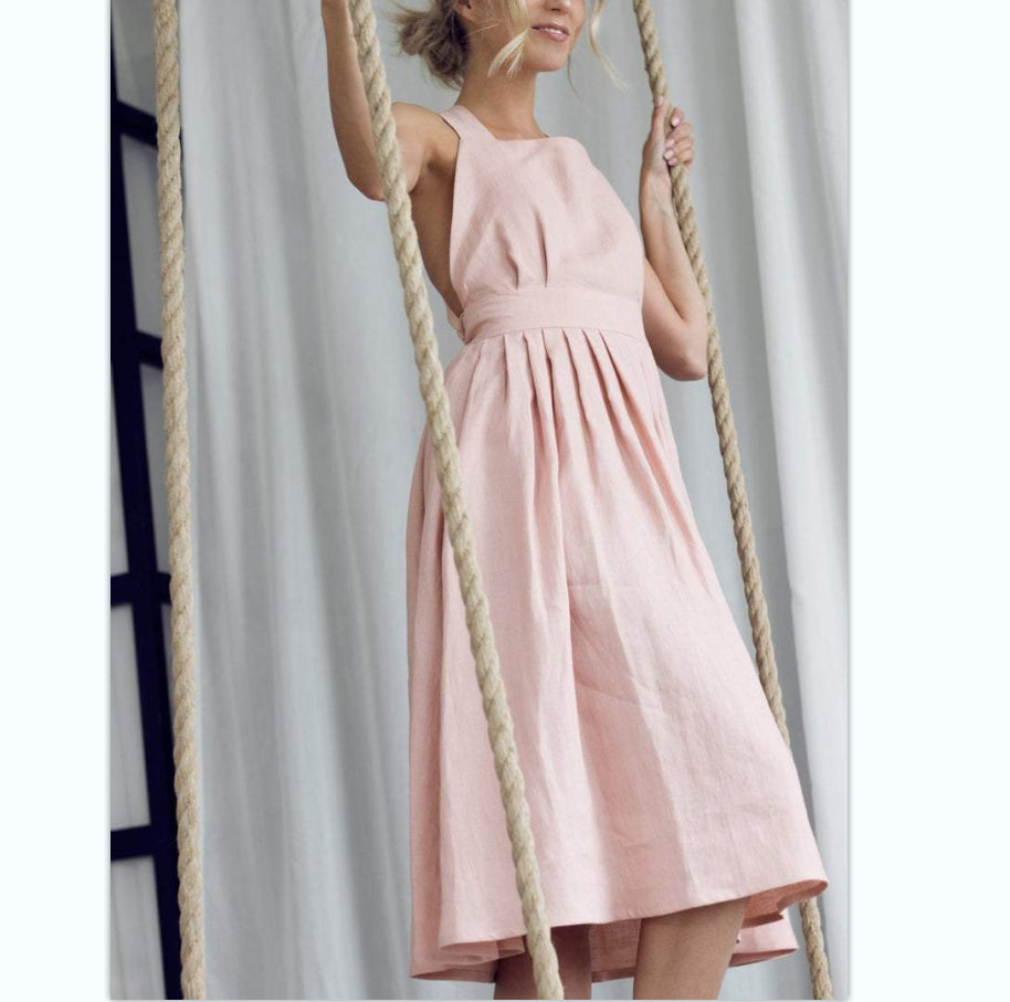 Cross Back Bow-tie /Lace Up Linen Dress - Fashionpara