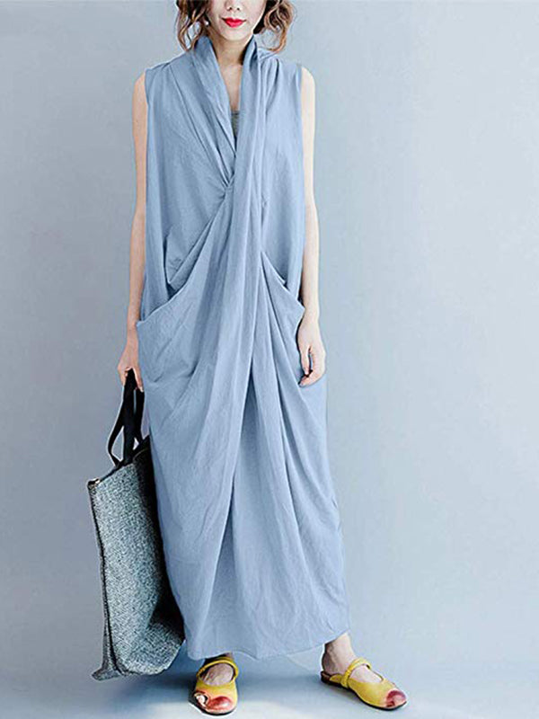 Draped V-Neck Sleeveless Pocket Cocoon Maxi Dress 2