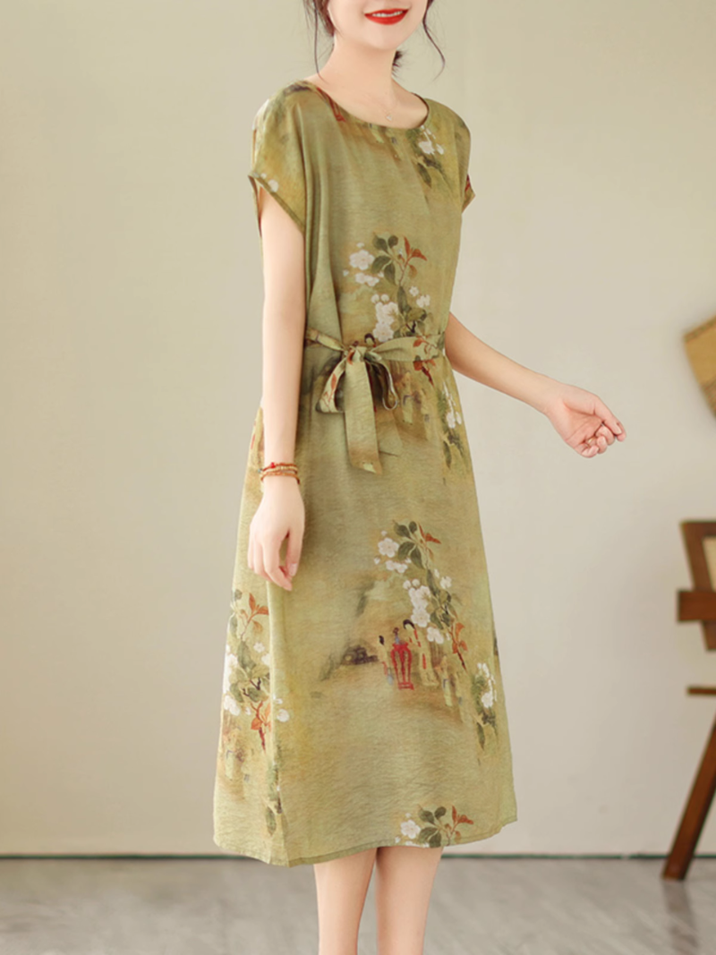 Floral Print Boat Neck Short Sleeve Tie-Waist Midi Dress 2