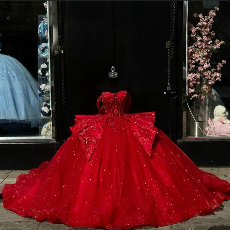 Red Princess Quinceanera Vestidos Gillter Off The Shoulder Corset vestidos de 15 Quinceanera Dress - Fashionpara