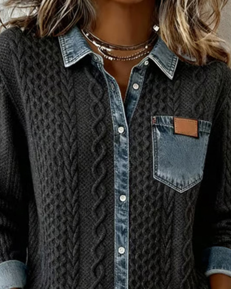 Collared Button Front Cable Knit Denim Contrast Shirt 7