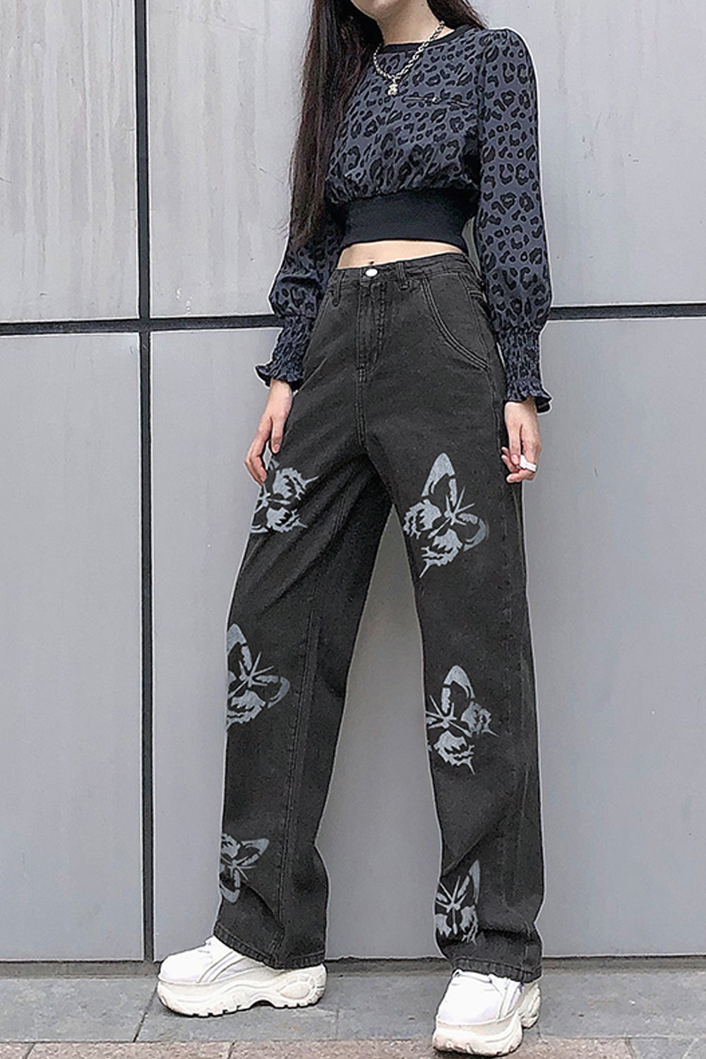 KittenAlarm - High Waist Wide Leg Butterfly Pattern Jeans Pants