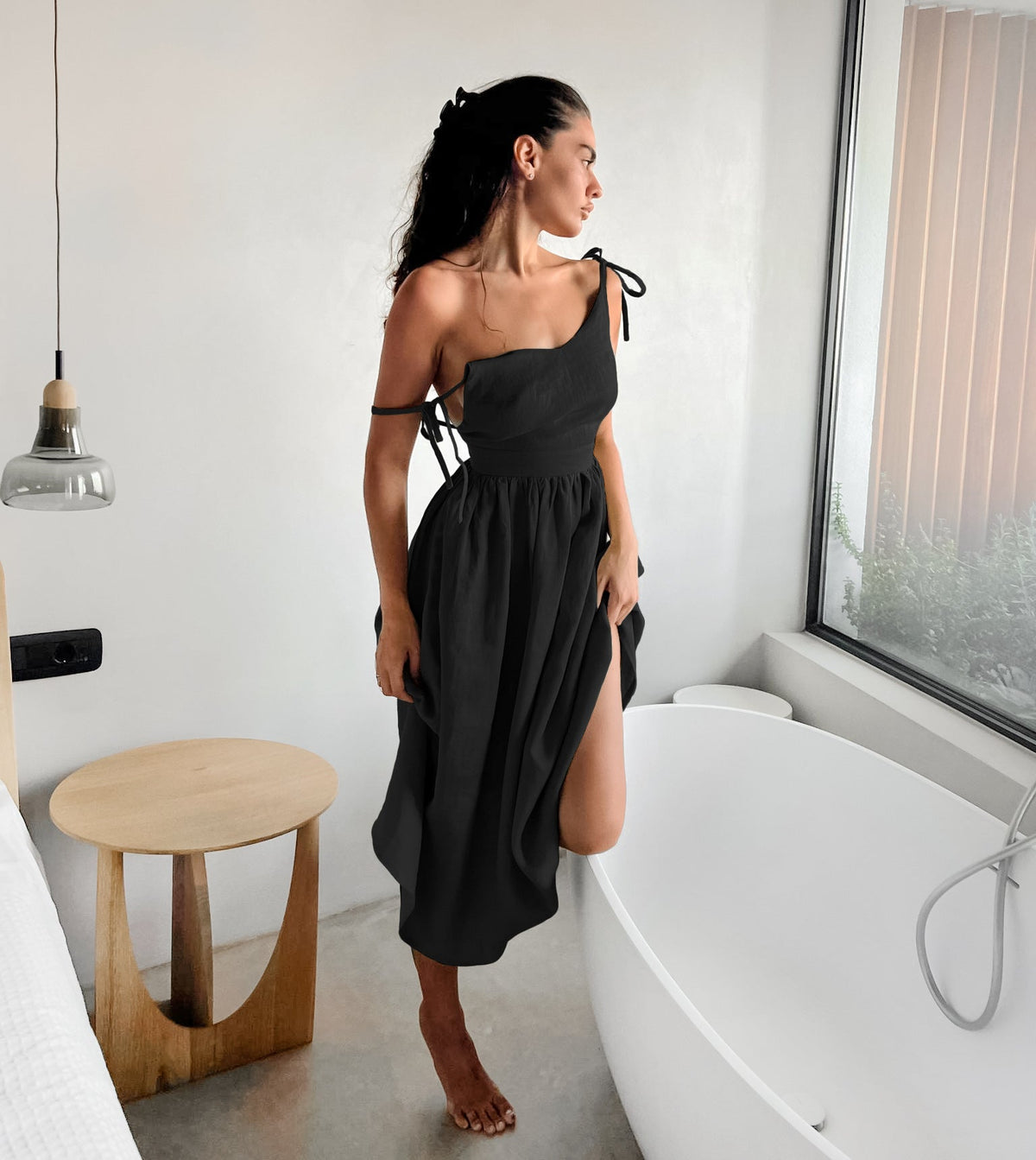 Linen Sweetheart Spaghetti Strap Fit-and-Flare Midi Dress