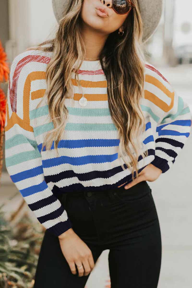 Florcoo Striped O Neck Sweater for Effortless Style