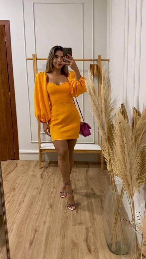 Women Fashion Elegant Orange dress Puff Sleeve Homecoming Dresses - Fashionpara