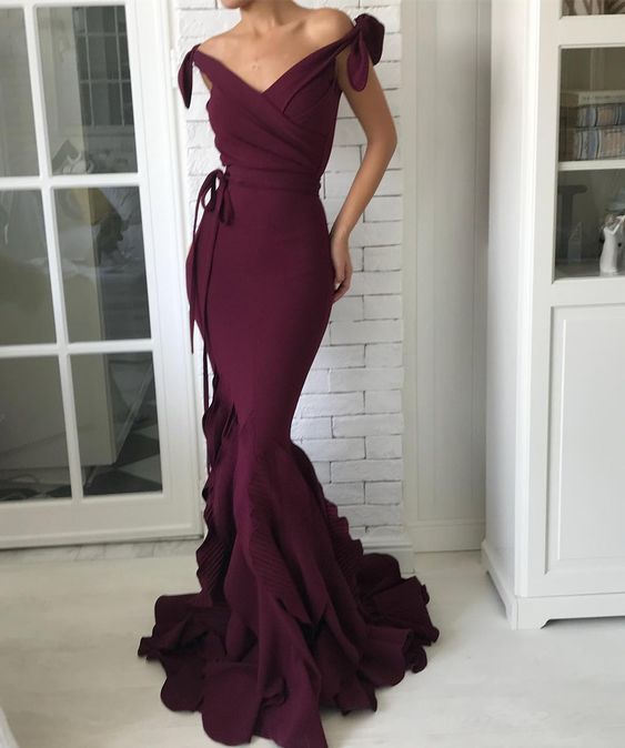 V-Neck Off Shoulder Evening Gown with Elegant Bow Tie at Waist - Fashionpara